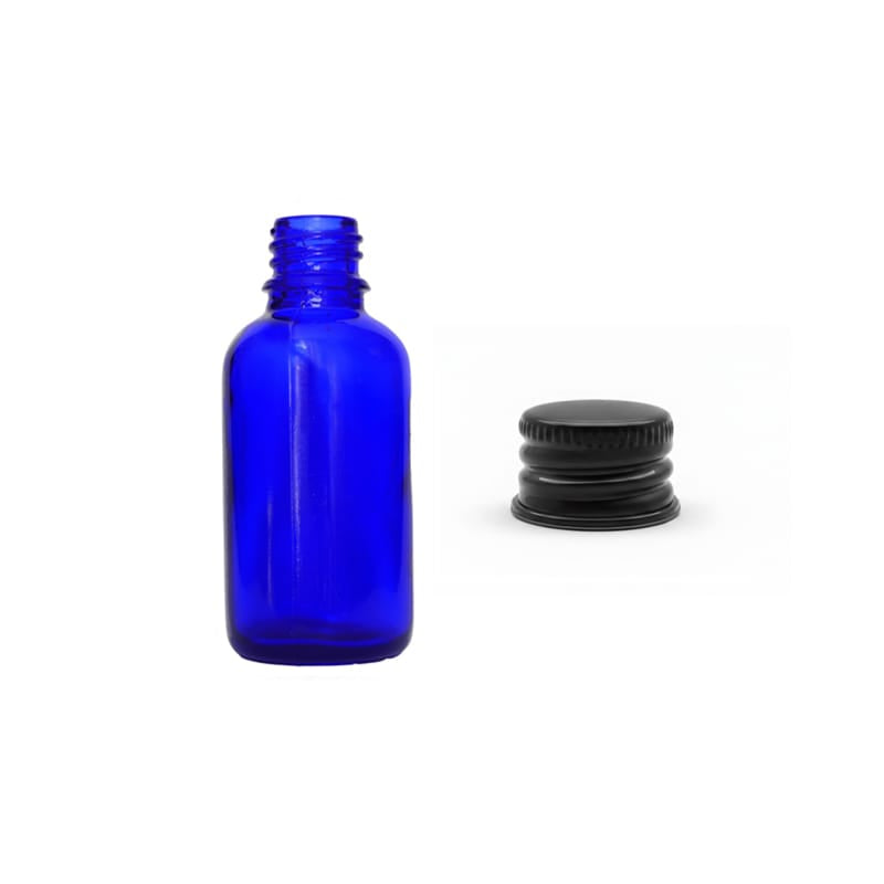 30ml Blue Glass Dropper Bottle with Black Anodised Aluminium Cap