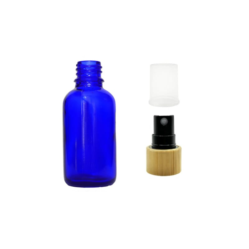 30ml Blue Glass Dropper Bottle with Black Atomiser with Bamboo Collar and Clear Over Cap