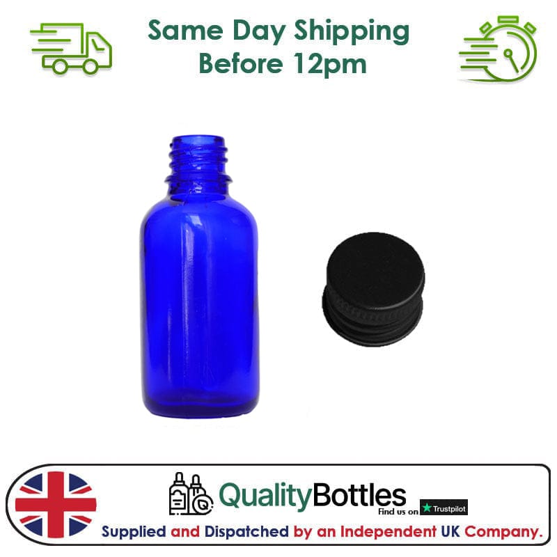 30ml Blue Glass Dropper Bottle with Black DIN18 Cap - Pack of 12