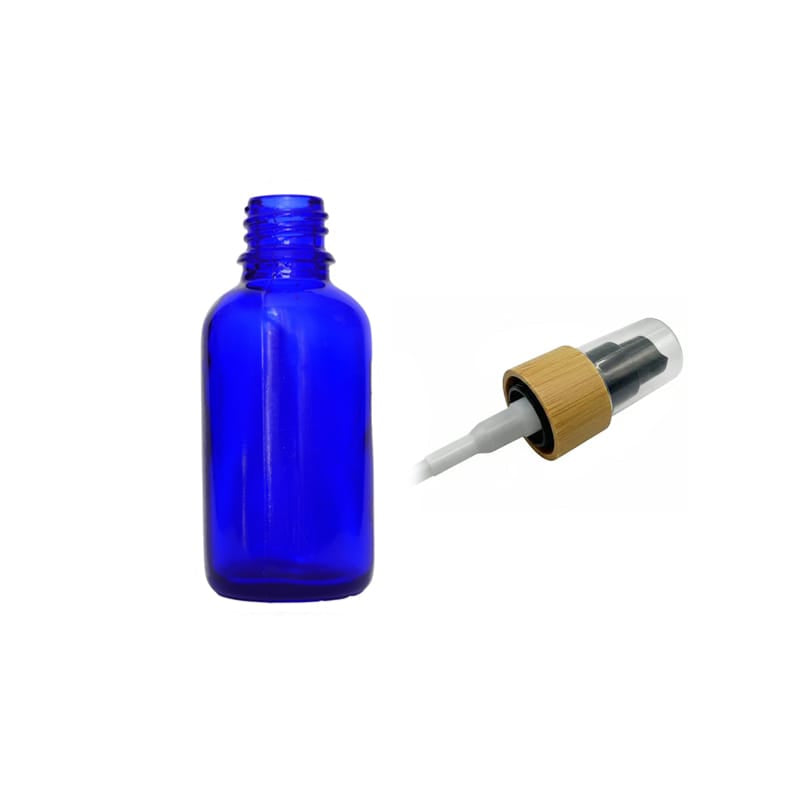 30ml Blue Glass Dropper Bottle with Black Lotion Pump with Bamboo Collar and Clear Over Cap