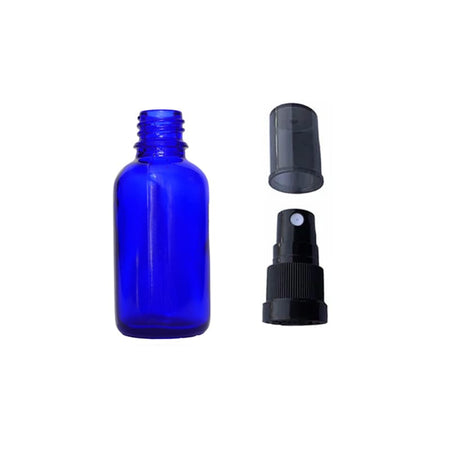 30ml Blue Glass Dropper Bottle with Black Tamper Evident Atomiser and Smoke Tinted Over Cap (Type III)