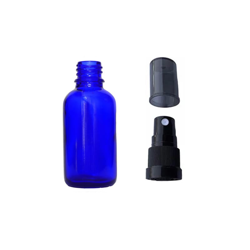 30ml Blue Glass Dropper Bottle with Black Tamper Evident Atomiser and Smoke Tinted Over Cap (Type III)