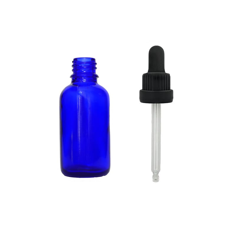 30ml Blue Glass Dropper Bottle with Black Tamper Evident Dropper (Type III)