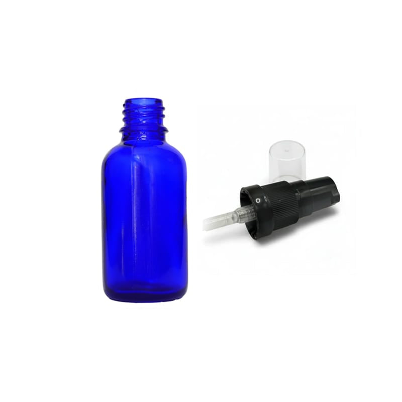 30ml Blue Glass Dropper Bottle with Black Tamper Evident Lotion Pump and Clear Over Cap (Type III)