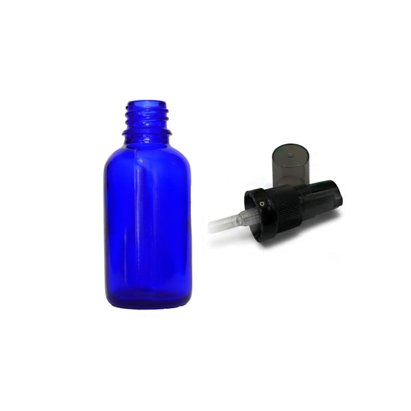 30ml Blue Glass Dropper Bottle with Black Tamper Evident Lotion Pump and Smoke Tinted Over Cap (Type III)