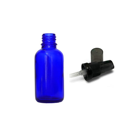 30ml Blue Glass Dropper Bottle with Black Tamper Evident Lotion Pump and Smoke Tinted Over Cap (Type III)