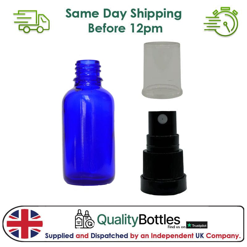30ml Blue Glass Dropper Bottle with Black TE Atomiser - Pack of 12