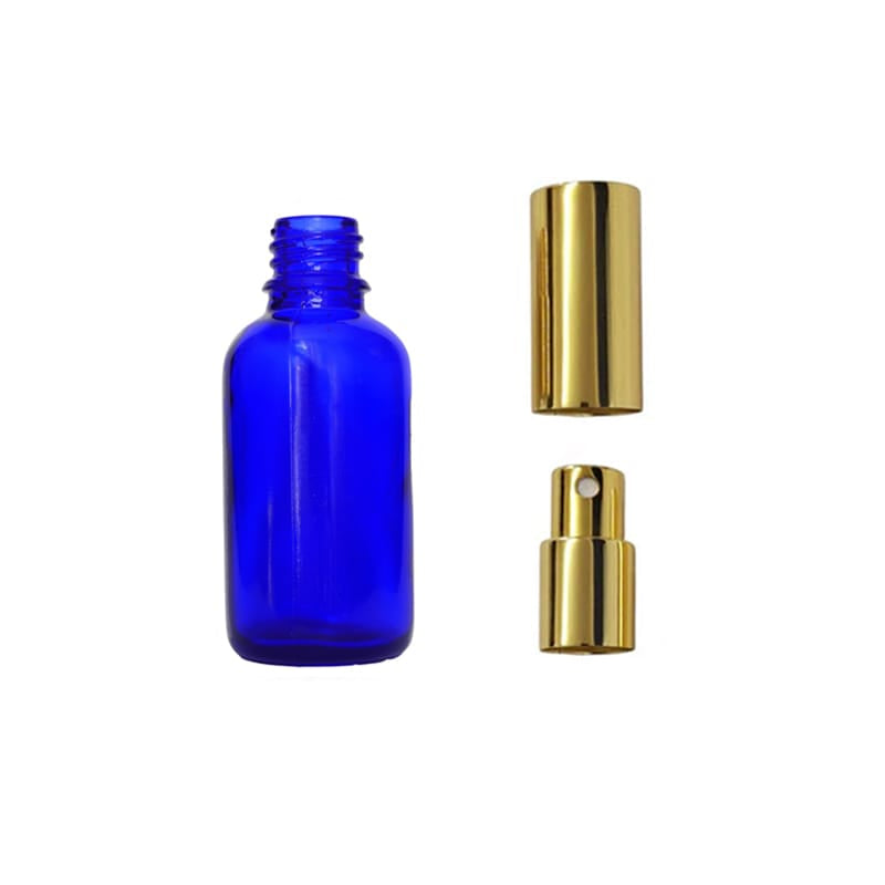 30ml Blue Glass Dropper Bottle with Gold Atomiser with Gold Over Cap