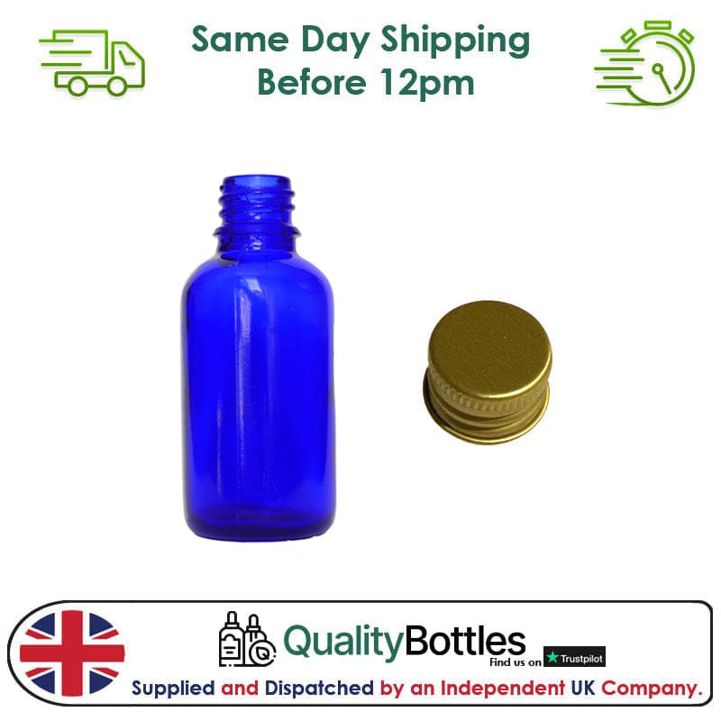 30ml Blue Glass Dropper Bottle with Gold DIN18 Cap - Pack of 12