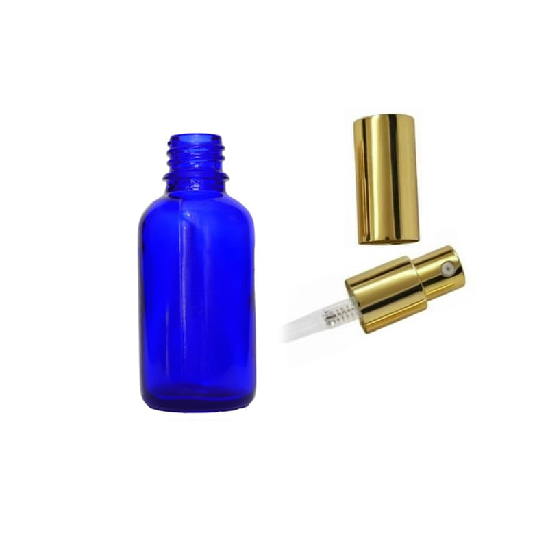 30ml Blue Glass Dropper Bottle with Gold Lotion Pump with Gold Over Cap