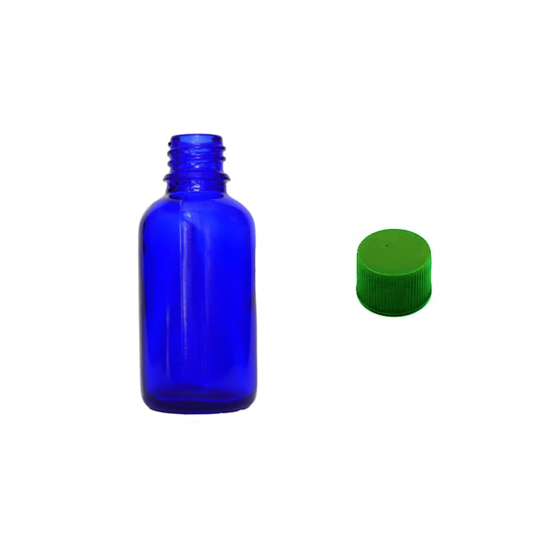 30ml Blue Glass Dropper Bottle with Green PP Wadded Cap DIN 18mm
