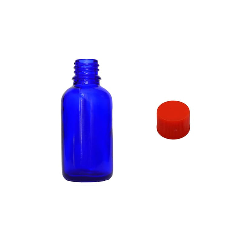 30ml Blue Glass Dropper Bottle with Red PP Wadded Cap DIN 18mm