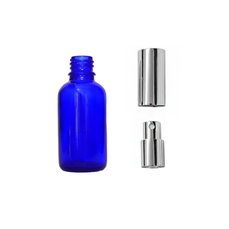 30ml Blue Glass Dropper Bottle with Silver Atomiser with Silver Over Cap