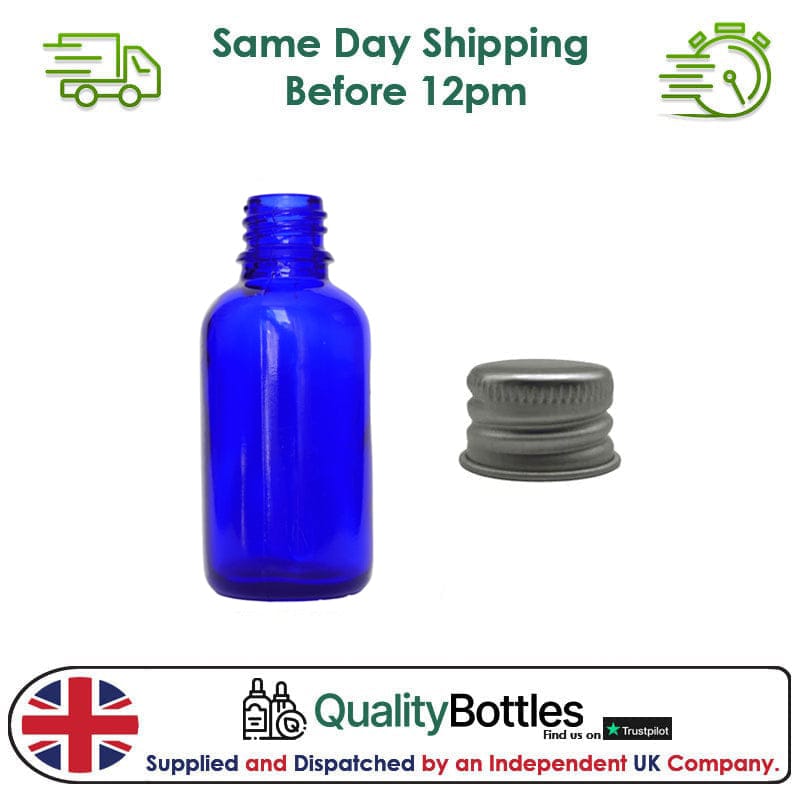 30ml Blue Glass Dropper Bottle with Silver DIN18 Cap - Pack of 12