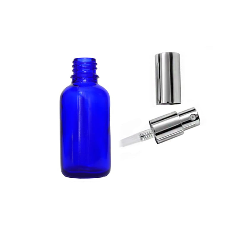 30ml Blue Glass Dropper Bottle with Silver Lotion Pump with Silver Over Cap