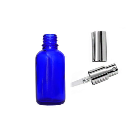 30ml Blue Glass Dropper Bottle with Silver Lotion Pump with Silver Over Cap