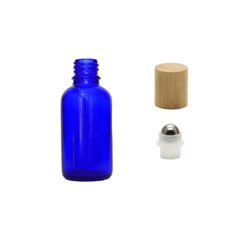 30ml Blue Glass Dropper Bottle with Stainless Steel Roller Ball Insert with Bamboo Cap