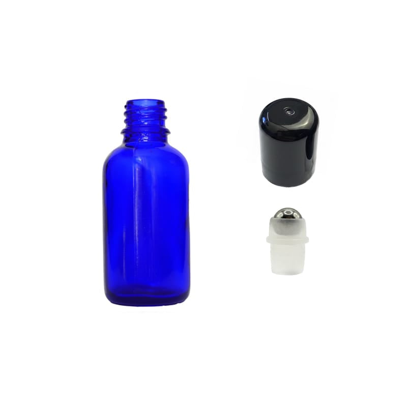 30ml Blue Glass Dropper Bottle with Stainless Steel Roller Ball with Plastic Black Cap