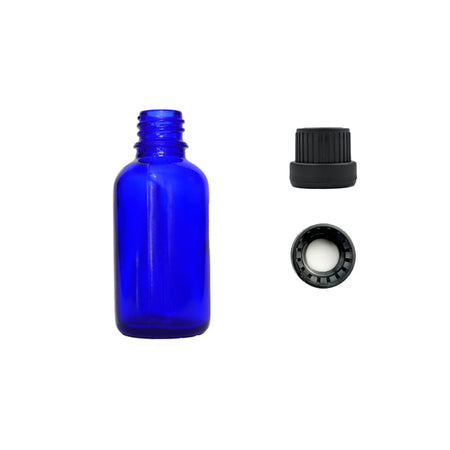 30ml Blue Glass Dropper Bottle with Tamper Evident Ribbed Black Cap and EPE Liner (Type III)