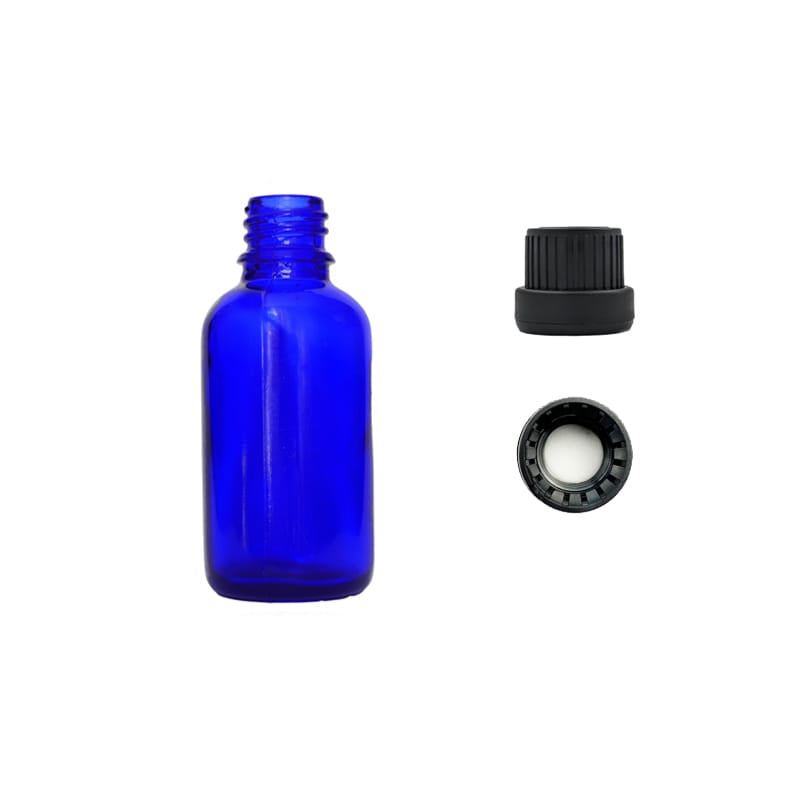 30ml Blue Glass Dropper Bottle with Tamper Evident Ribbed Black Cap and EPE Liner (Type III)