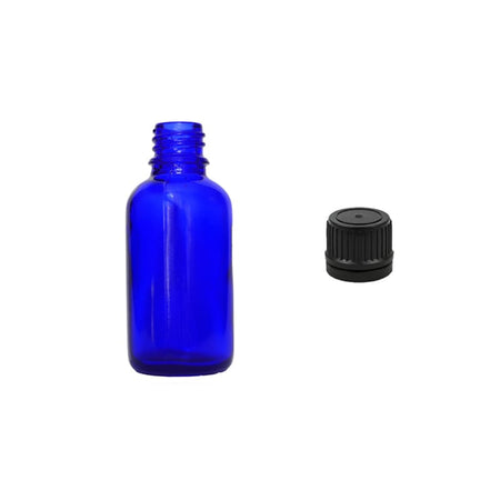 30ml Blue Glass Dropper Bottle with Tamper Evident Ribbed Black Cap (Type II)