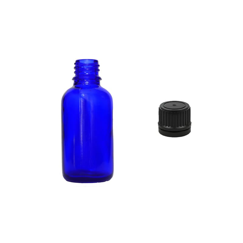 30ml Blue Glass Dropper Bottle with Tamper Evident Ribbed Black Cap (Type II)