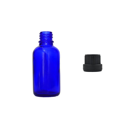 30ml Blue Glass Dropper Bottle with Tamper Evident Ribbed Black Cap (Type III)