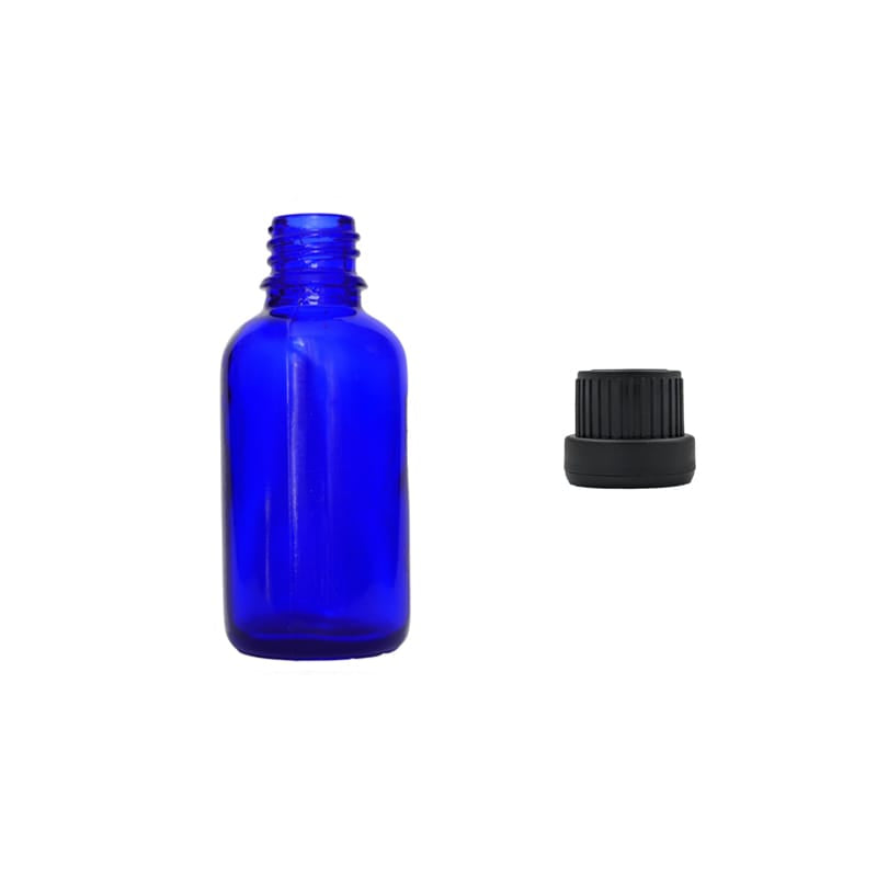 30ml Blue Glass Dropper Bottle with Tamper Evident Ribbed Black Cap (Type III)
