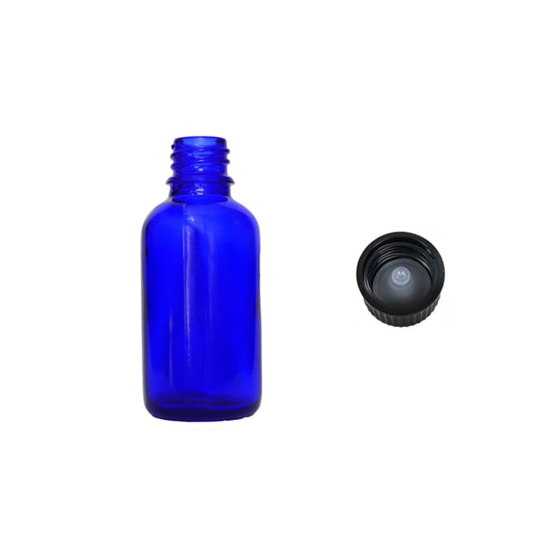 30ml Blue Glass Dropper Bottle with Urea Black Cap with Polycone Insert DIN 18mm