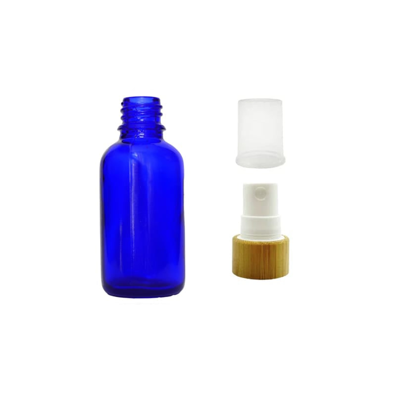 30ml Blue Glass Dropper Bottle with White Atomiser with Bamboo Collar and Clear Over Cap
