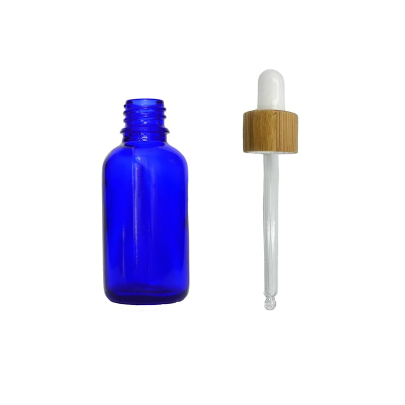 30ml Blue Glass Dropper Bottle with White Bamboo Dropper