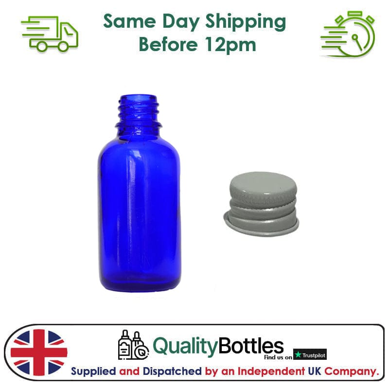 30ml Blue Glass Dropper Bottle with White DIN18 Cap - Pack of 12