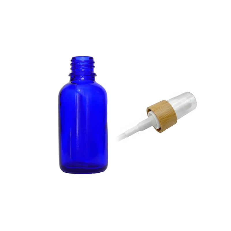 30ml Blue Glass Dropper Bottle with White Lotion Pump with Bamboo Collar and Clear Over Cap
