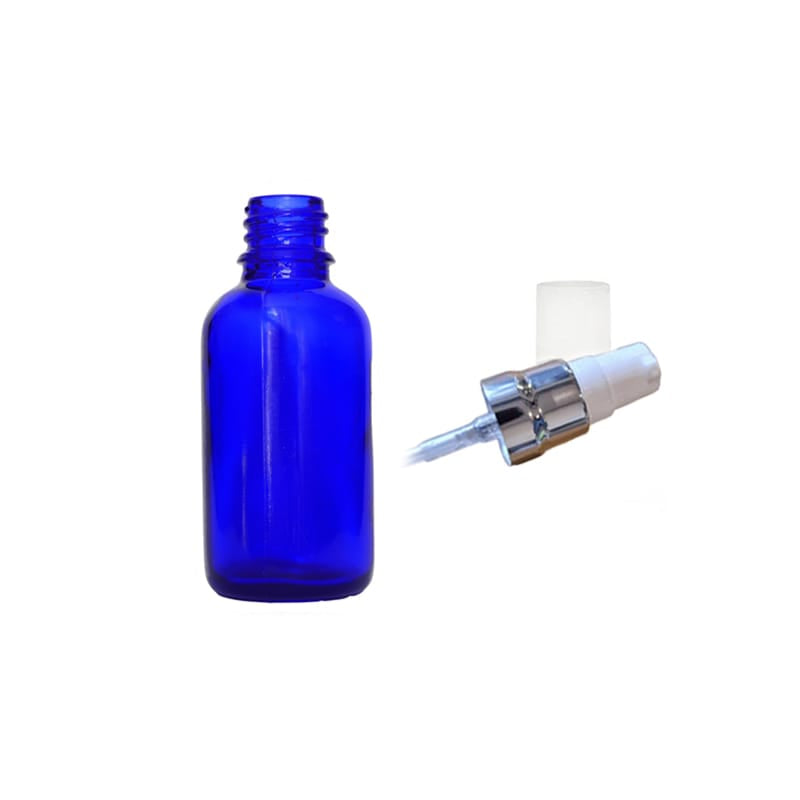 30ml Blue Glass Dropper Bottle with White Lotion Pump with Silver Collar and Clear Over Cap