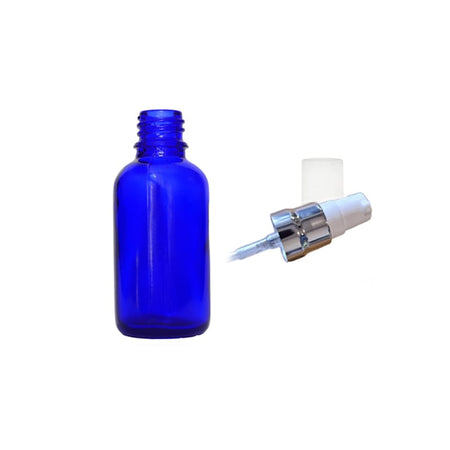 30ml Blue Glass Dropper Bottle with White Lotion Pump with Silver Collar and Clear Over Cap