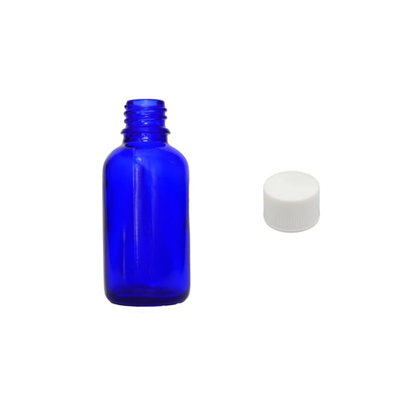 30ml Blue Glass Dropper Bottle with White PP Wadded Cap DIN 18mm