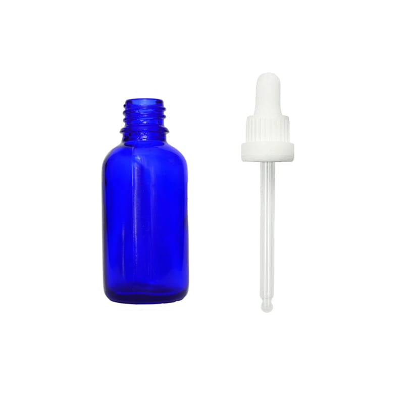 30ml Blue Glass Dropper Bottle with White Tamper Evident Dropper (Type III)