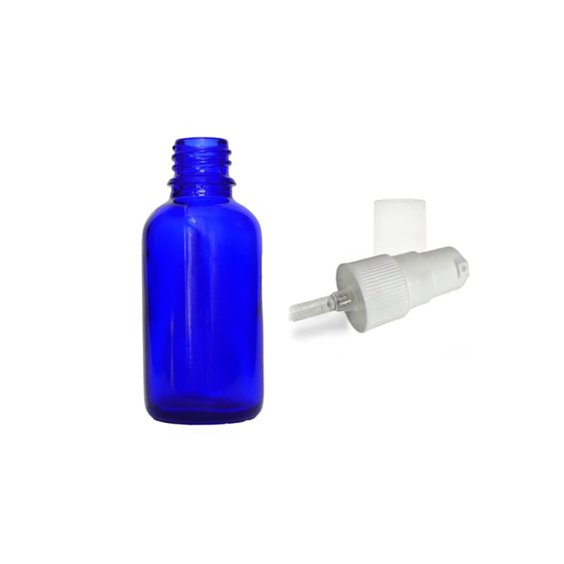 30ml Blue Glass Dropper Bottle with White Tamper Evident Lotion Pump and Clear Over Cap (Type III)