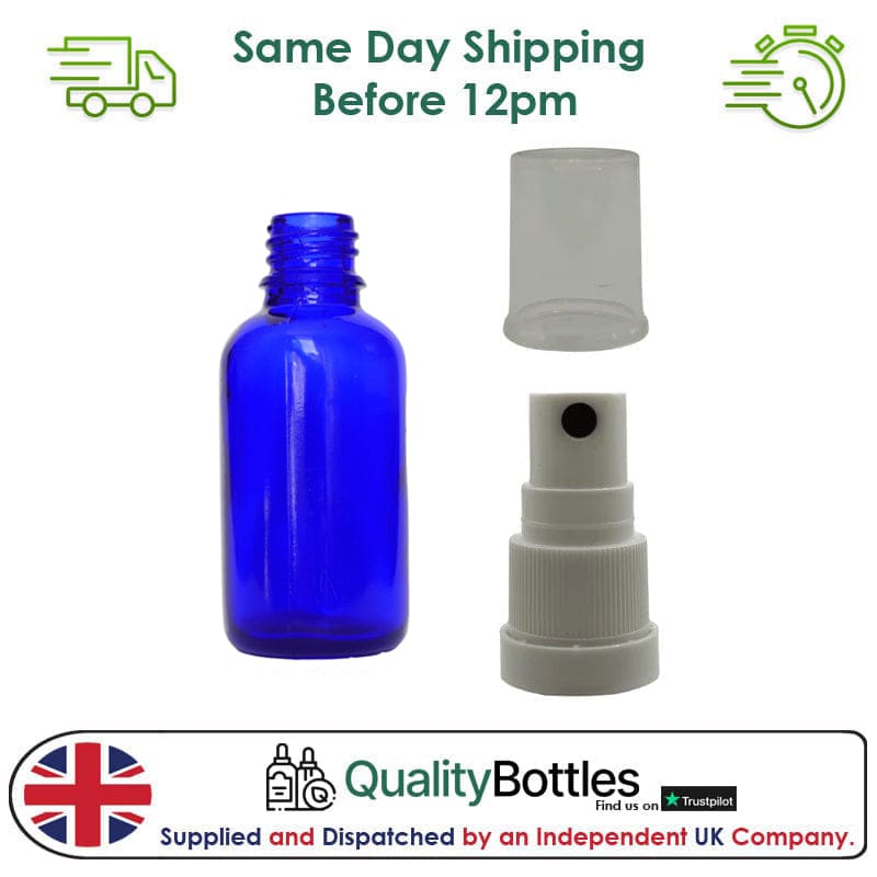 30ml Blue Glass Dropper Bottle with White TE Atomiser - Pack of 12