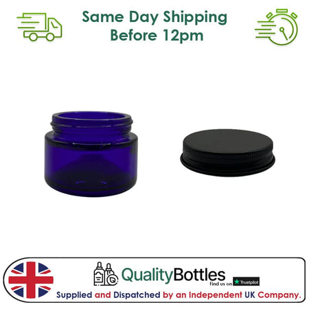 30ml Blue Glass Jar With Matte Black Aluminium Lid - Pack of 15