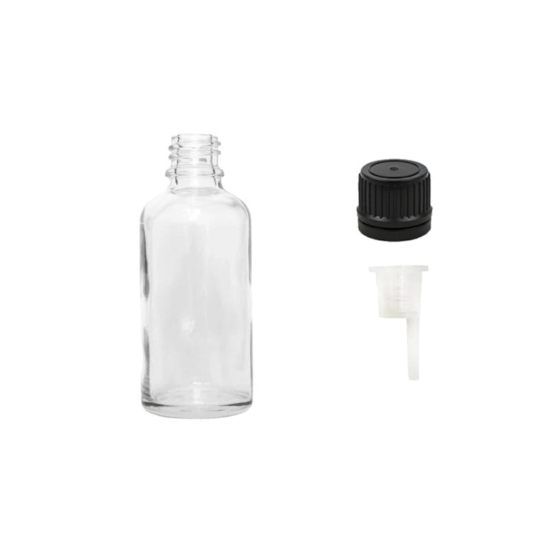 30ml Clear Glass Dropper Bottle with 0.6mm Dripper Insert and Tamper Evident Black Cap (Type II)