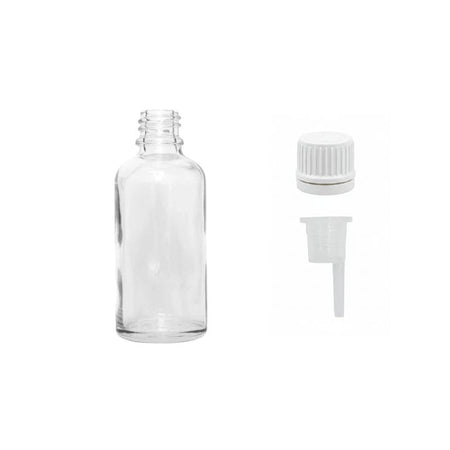 30ml Clear Glass Dropper Bottle with 0.6mm Dripper Insert and Tamper Evident White Cap (Type II)