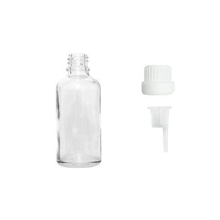 30ml Clear Glass Dropper Bottle with 0.6mm Dripper Insert and Tamper Evident White Cap (Type III)