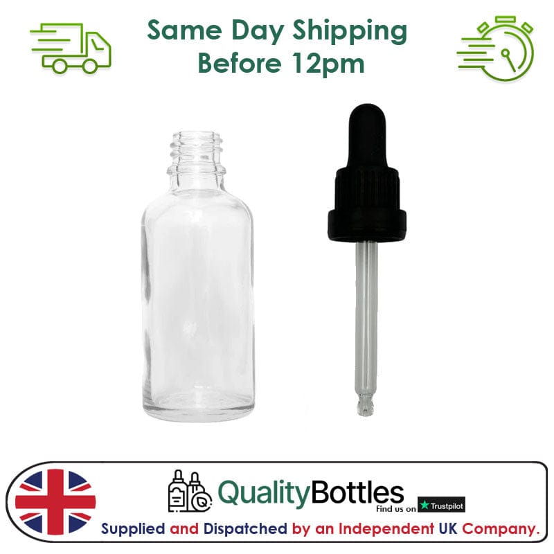 30ml Clear Glass Dropper Bottle with 30ml Black TE BEP - Pack of 12
