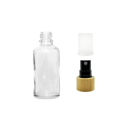 30ml Clear Glass Dropper Bottle with Black Atomiser with Bamboo Collar and Clear Over Cap