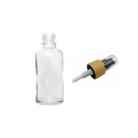 30ml Clear Glass Dropper Bottle with Black Lotion Pump with Bamboo Collar and Clear Over Cap