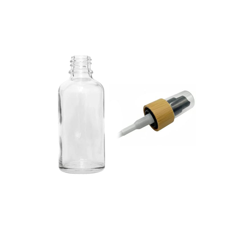 30ml Clear Glass Dropper Bottle with Black Lotion Pump with Bamboo Collar and Clear Over Cap