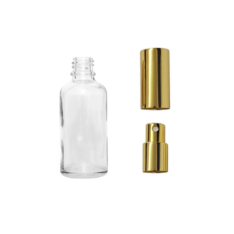 30ml Clear Glass Dropper Bottle with Gold Atomiser with Gold Over Cap