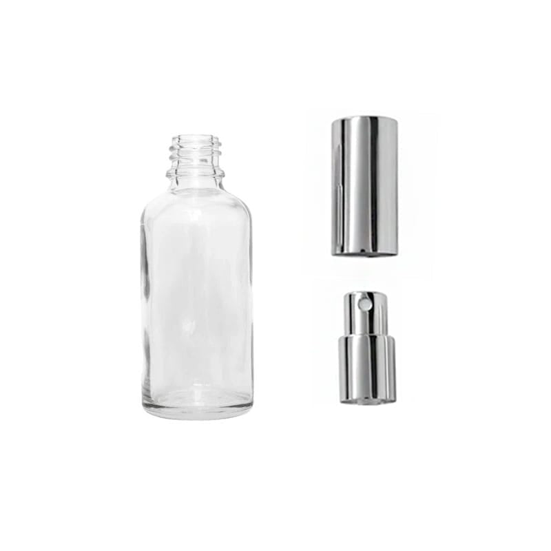 30ml Clear Glass Dropper Bottle with Silver Atomiser with Silver Over Cap