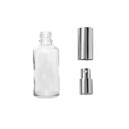 30ml Clear Glass Dropper Bottle with Silver Atomiser with Silver Over Cap